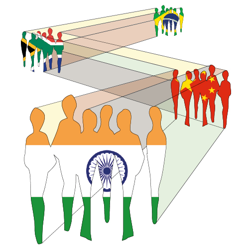 Graphic: stylized people, different groups, connected with lines, flag colours