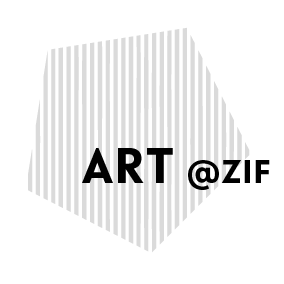 Graphic design for the section "Art at ZiF", grey-striped pentagon with black letters