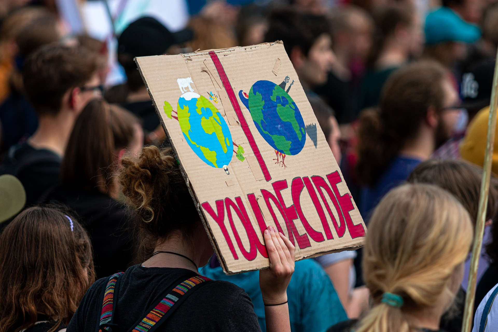 Das Foto zeigt eine Fridays-for-Future-Demonstration. Eine Person trägt ein Schild mit der Aufschrift „You Decide“ und zwei Illustrationen der Erde: ein gesunder Planet mit Wäldern und Tieren steht neben einem düsteren Planeten voll brennender Bäume und Naturkatastrophen.