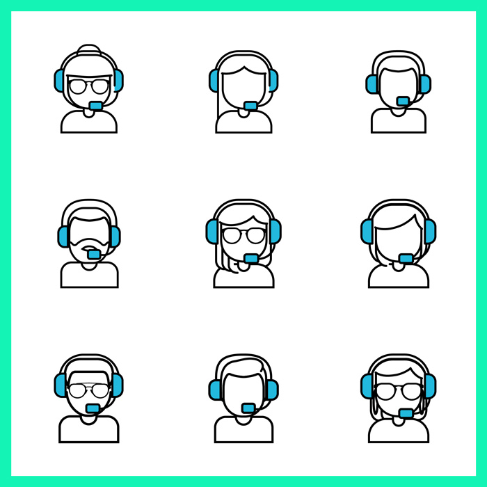 9 unterschiedliche, gezeichnte Figuren mit Headsets.