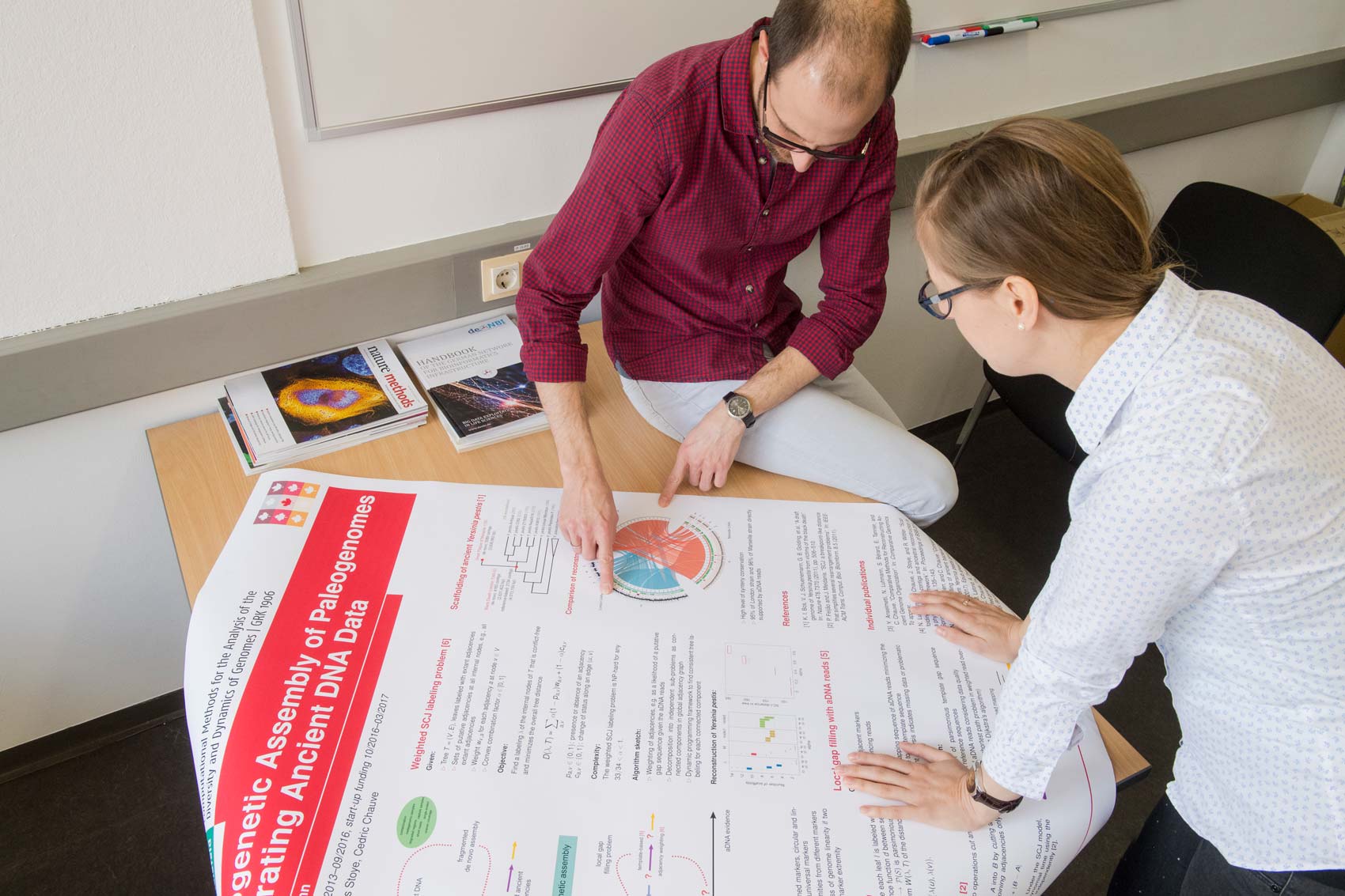 Frau und Mann analysieren wissenschaftliches Plakat