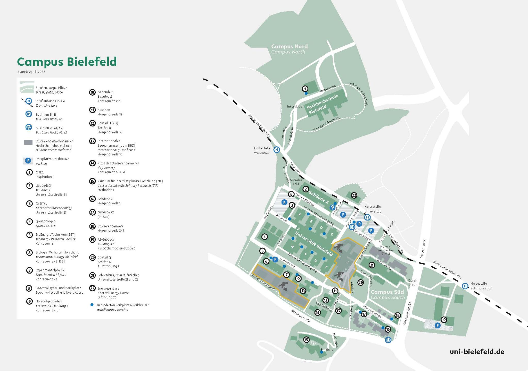 Campus-Plan mit Behinderten Parkplätzen/Parkhäusern