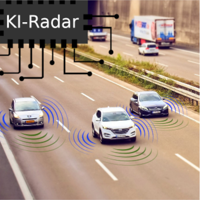 KI-Radar Logo, Hintergrund: Autos auf Strae mit Radar