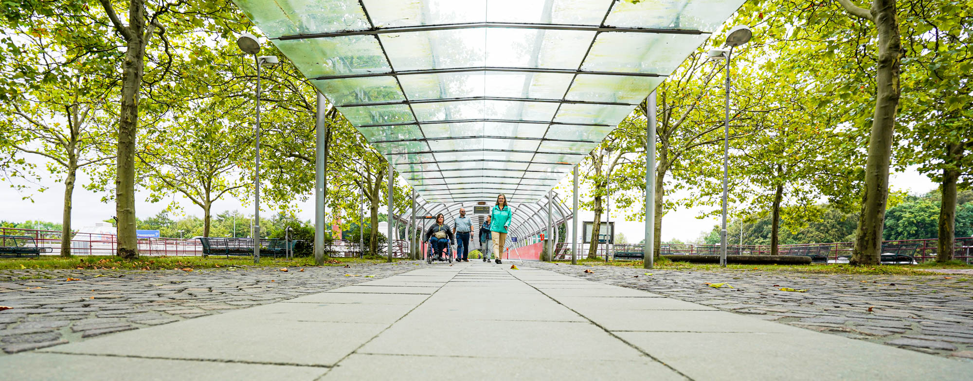 Brücke zur Uni mit Glasdach überdacht, eingefasst von Bäumen, Menschen, die zur Uni gehen