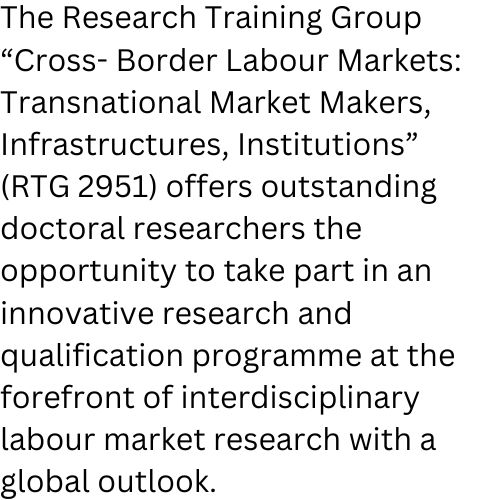 Intro Text rtg2951: "The Research Training Group  “Cross- Border Labour Markets: Transnational Market Makers, Infrastructures, Institutions”  (RTG 2951) offers outstanding doctoral researchers the opportunity to take part in an innovative research and qualification programme at the forefront of interdisciplinary labour market research with a global outlook."