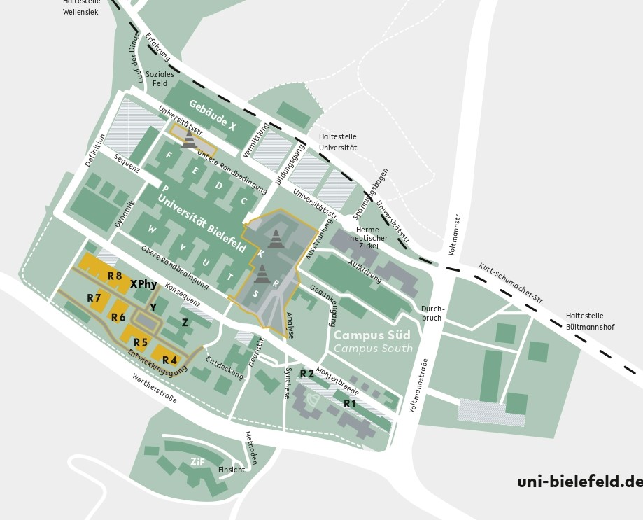 Lageplan der Universität mit besonderem Fokus auf den Campus Süd durch gelbe Markierungen