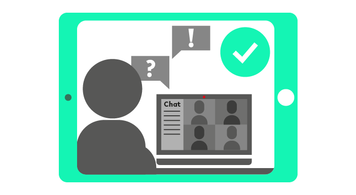 Das 'Do'-Beispiel für Chatverhalten. Auf dem Bildschirm des Laptops ist zu sehen, wie der Chat konstruktiv für Fragen und Feedback genutzt wird.