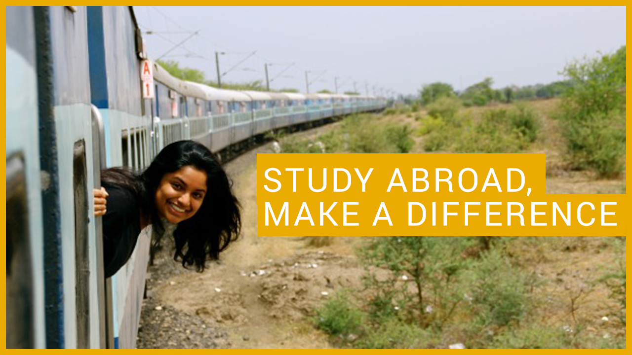 Bild einer Landschaft mit Bäumen und einem Zug, der durch das Bild fährt. Dazu der Schriftzug: Study abroad, make a difference