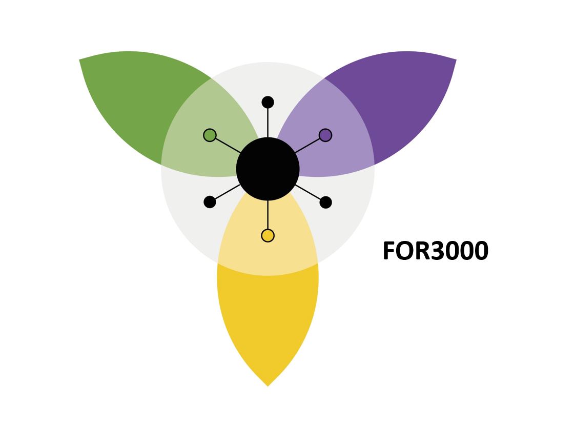 Forschungsgruppen Logo, stilisierte Blüte mit 3 Blütenblätter die für die Modellorganismen stehen;