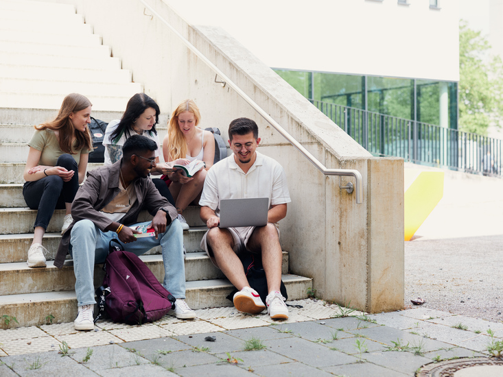Eine Gruppe Studierender sitzt auf Treppenstufen und blicken gemeinsam auf den Laptop eines Studenten. Sie unterhalten sich angeregt.