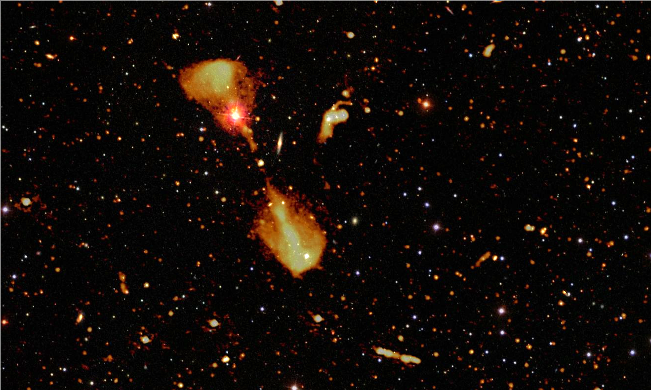 Images of radio galaxies from the deep LOFAR image of Elais-N1, overlaid on an optical image of the sky. 
