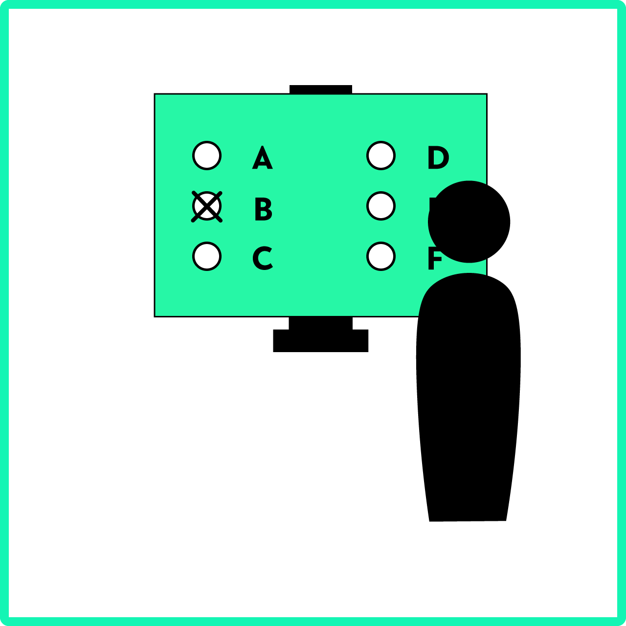 Grafik zum digitalen Prüfen bestehend aus einer Person vor einem Bildschirm, auf welchem Antwortmöglichkeiten im Prüfungsformat zu sehen sind
