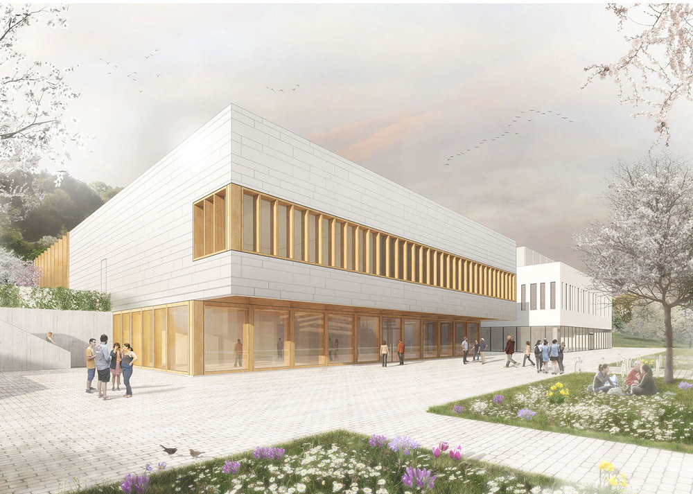 Digitale Visualisierung des neuen Hörsaalgebäudes mit heller Fassade und einer goßen Glasfront